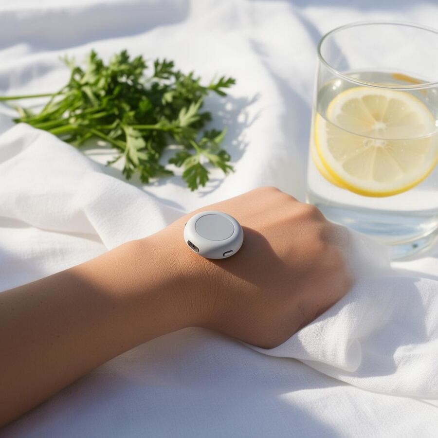Glucose monitor on a forearm next to fresh herbs and lemon water