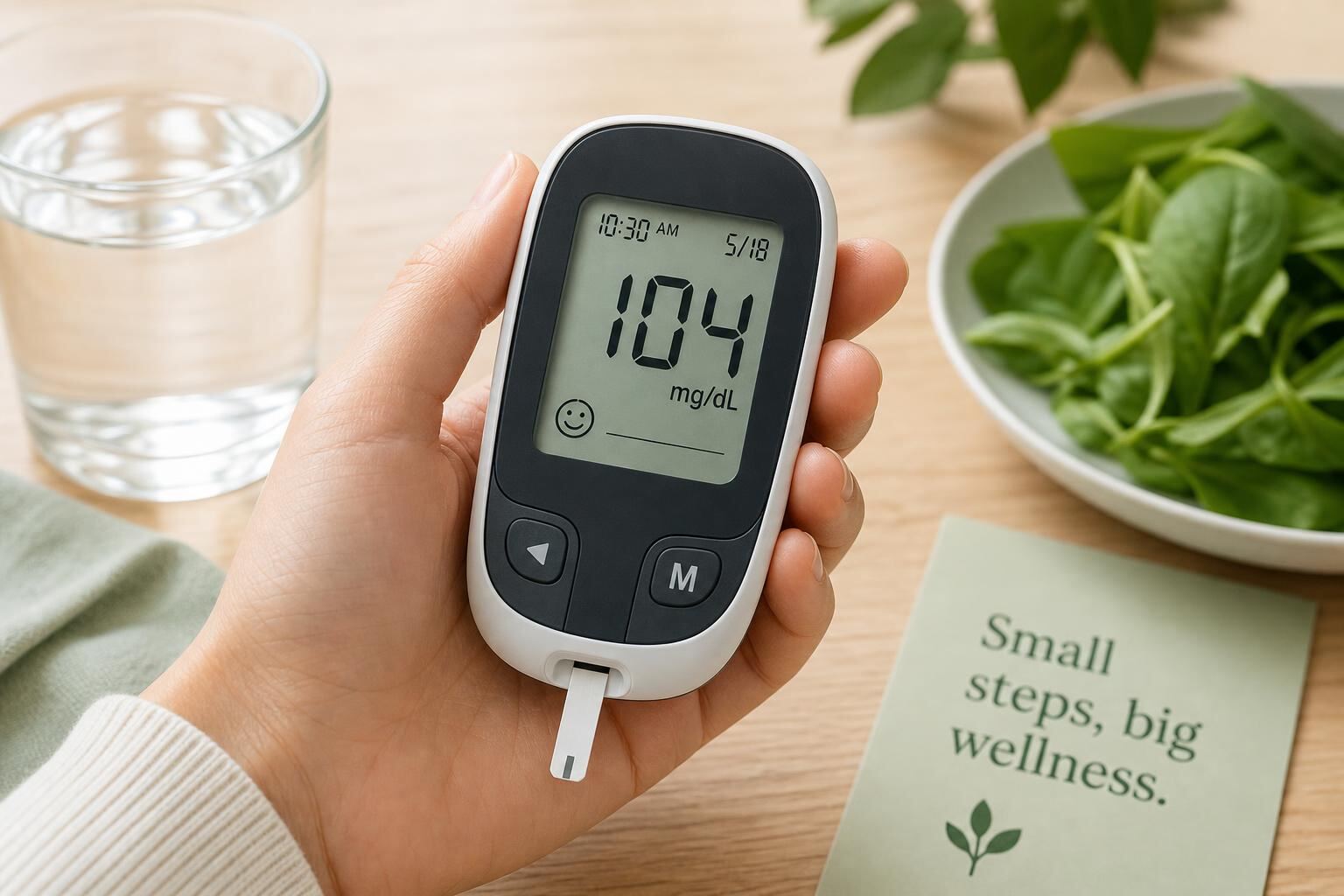 A woman and a man in their 40s and 50s looking healthy and confident, holding a glucose meter and a glass of water